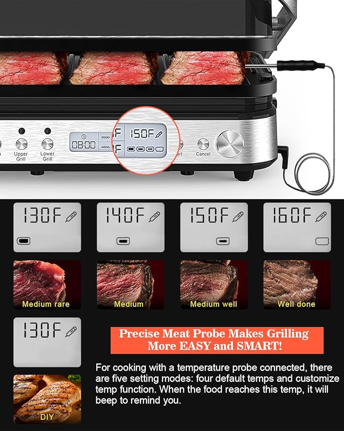 CATTLEMAN Panini Press Grill Sandwich Maker with Removable Plates, 1600W, 6 in 1 Indoor Grill with Meat Thermometer, Electric Contact Grills for Kitchen, Stainless Steel