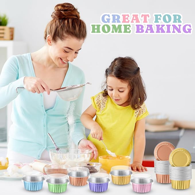 Gejoy 400 Pcs Aluminum Foil Baking Cups with Lids 5 oz Disposable Ramekins Mini Cake Pans Creme Brulee Cupcake Liners Muffin Tins Flan Mold Dessert Container for Wedding (Light Color,Classic)
