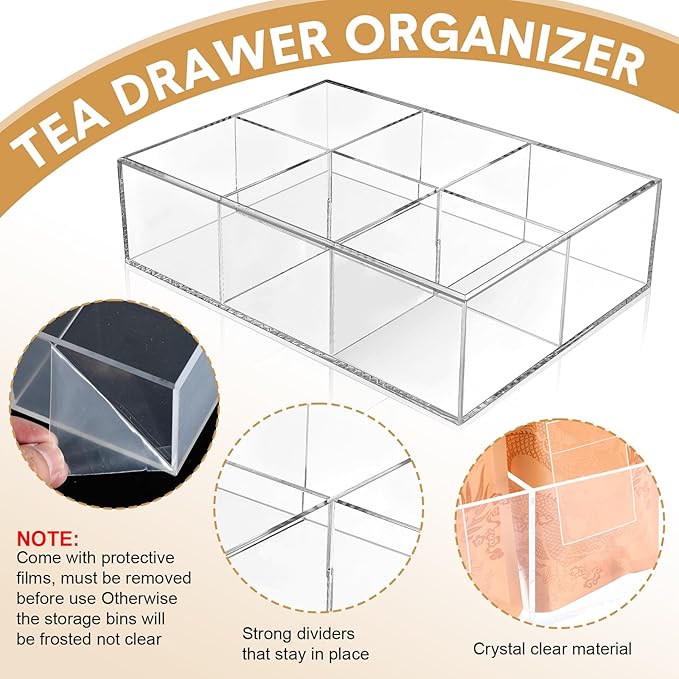 Maitys 4 Pcs Acrylic Tea Bag Organizer Divided Storage with 6 Compartments Clear Acrylic Stash Box Condiment Holder Pantry Organizer for Snacks Coffee Sugar Tea Bar Accessories