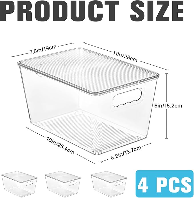 4Pcs Clear Organizer Bins with Lids, PET Plastic Storage Bins 11x6x6.2 Cabinet Organizer with Handle Perfect for Bathroom, Cabinet, Kitchen, Fridge Pantry Organizers And Storage