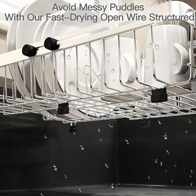 MAJALiS Dish Drying Rack Over The Sink with Utensil Holder, Mat | Expandable Stainless Steel Dish Drainer for Small Kitchen, Apartment, RV, Counter Space Saving, Perfect Fit, Rustproof