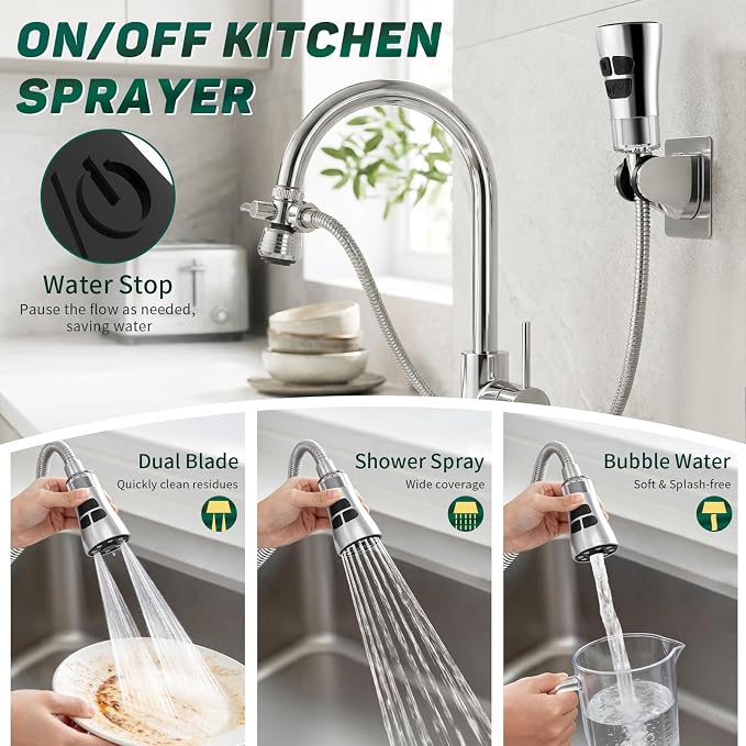 CECEFIN Kitchen Faucet Hose Attachment, 4-Mode ON/Off Sink Sprayer Head with Filter, 4.9Ft Stainless Steel Hose, Water Saving Aerator w/ 3-Way Diverter Valve for Hair Washing Laundry Room & Pet Shower