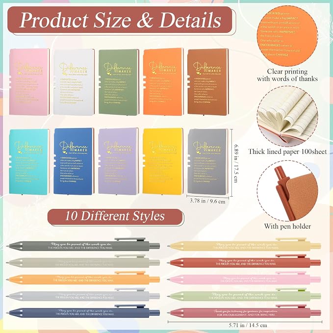 Didaey 10 Sets Difference Maker Appreciation Gifts Set 13oz Pastel Ceramic Coffee Mugs A6 Leather Notebooks Ballpoint Pens Bulk Thank You Gifts for Difference Maker Team Members Employees Coworker