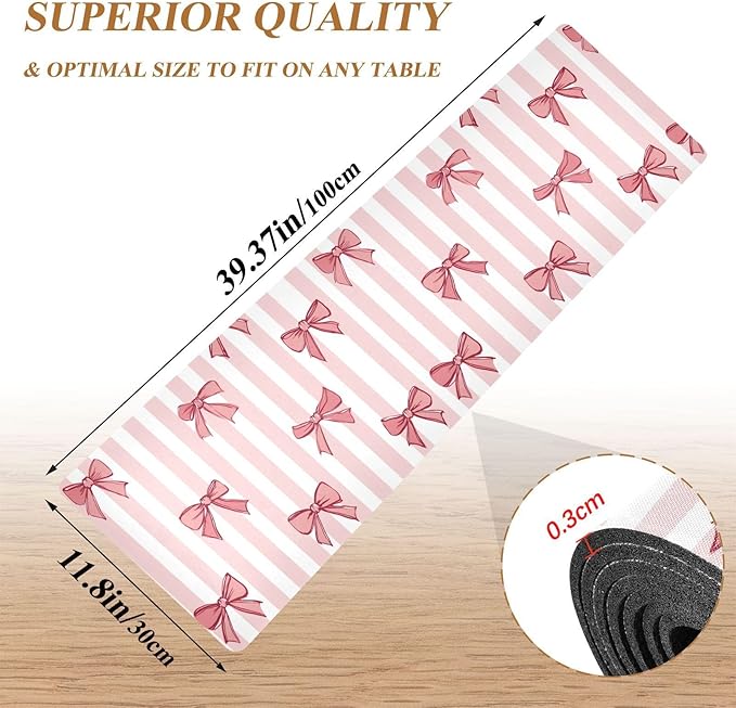 2 in 1 Table Runner Trivet for Hot Pots and Pans Heat Resistant Non Slip Waterproof 39 x 12 Inch Decorative Table Protector for Kitchen Countertop Pink White Stripes Bows