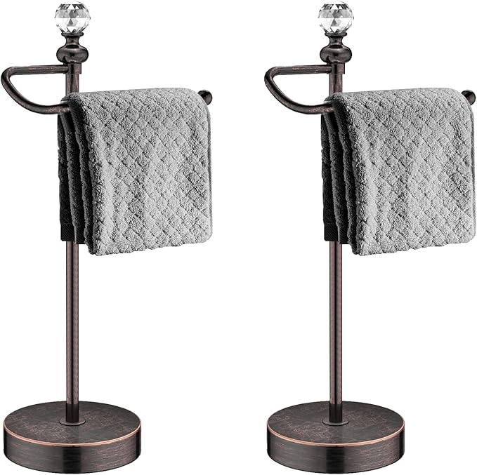 ROLABAM Bathroom Hand Towel Holder with Crystal Ball, Countertop Towel Holder Stand 15.7” H, Stainless Steel Classic Vintage Hand Towel Rack Stand with Heavy Weighted Base (Oil Rubbed Bronze, 2 Pack)