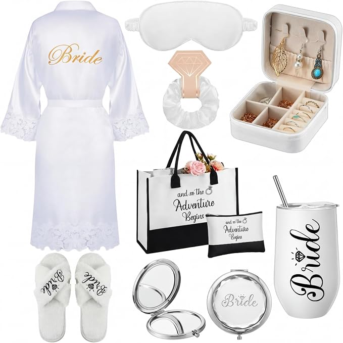 JaGely 9 Pcs Bride to Be Gifts Set Bridal Shower Bachelorette Wedding Gifts with Robe Slippers Tumbler Tote Bag & Bridal Kit