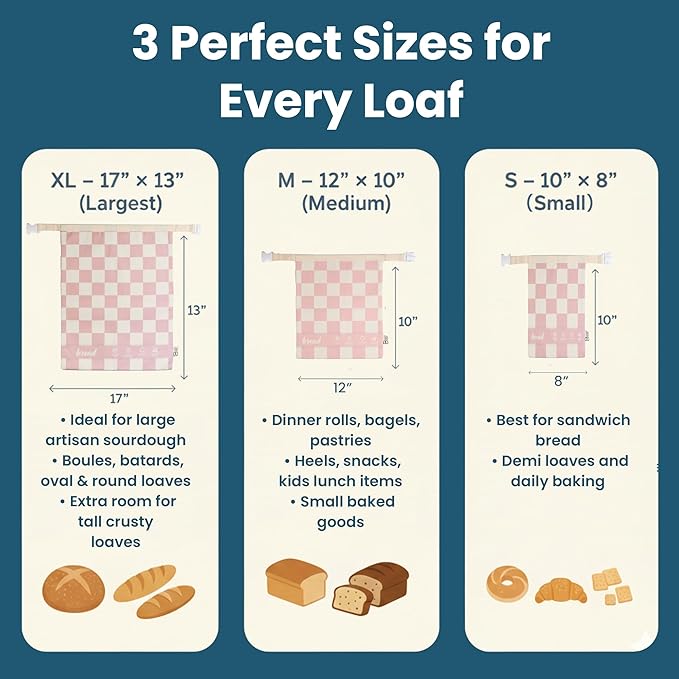 3-Pack Reusable Beeswax Bread Bags (XL, M, S) - Organic Cotton Beeswax Bread Storage Bag for Homemade Bread & Sourdough Freezer-Safe, Breathable & Freshness Support - Eco-Friendly Bread Bag