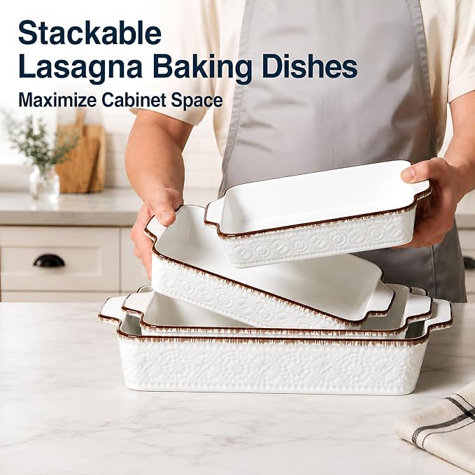 ONEMORE Casserole Dishes for Oven, Ceramic Baking Dish Set of 4, Non-Stick Lasagna Pans with Handles, Rectangular Bakeware Set for Cake, Roasting, Broiling, Gratin, Banquet, Microwave & Dishwasher Safe(3.8/2.6/1.7/1.1 Qt) (White 01)