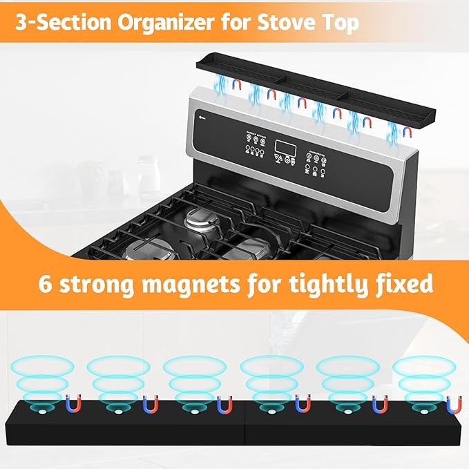 Foeacry Magnetic Stove Top Shelf 30 Inch - Heat Resistant Silicone Over the Stove Shelf Spice Rack Organizer - 3 Functional Partitions Kitchen Organization and Storage for Spices, Oils & Gadgets