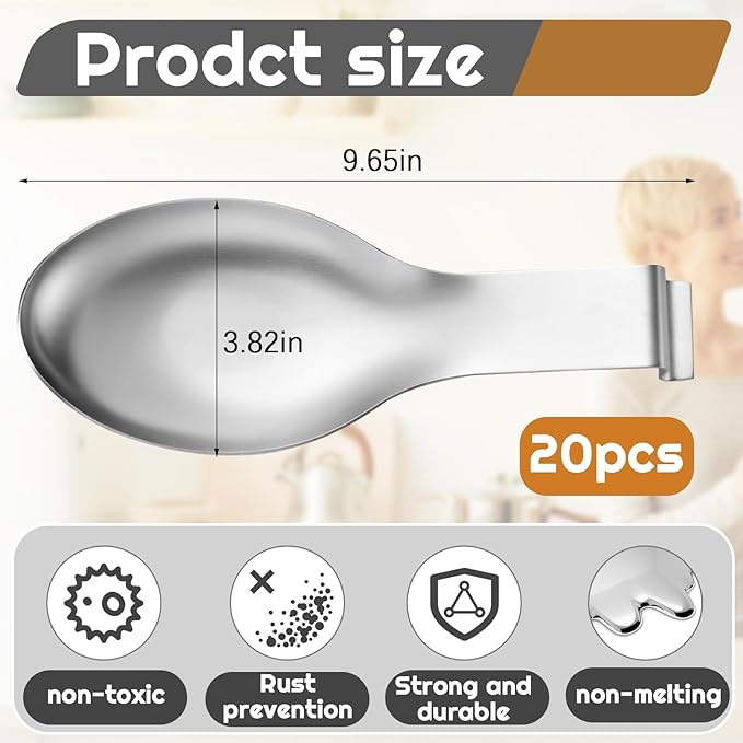 Nuanchu 20 Pcs Stainless Steel Spoon Rest Spatula Ladle Holder Spoon for Stove Top Heavy Duty Spatula Holder for Countertop Dishwasher Safe Utensil Rest for Kitchen, 3.8 x 9.6" (Silver)