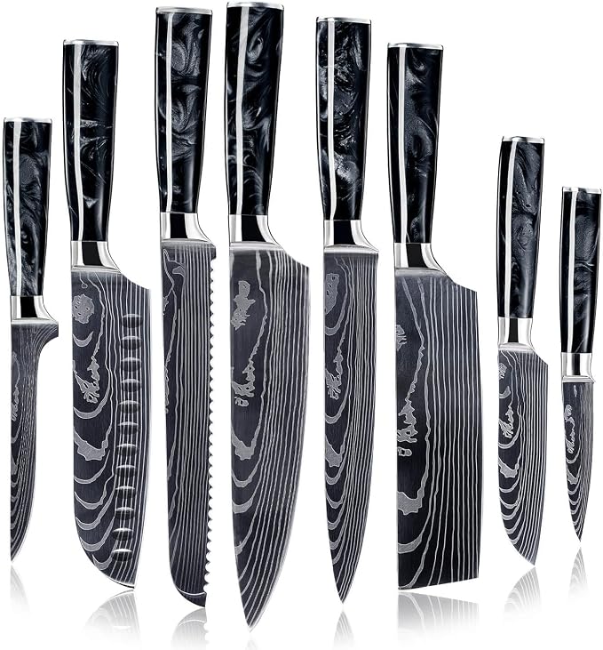 SENKEN 8-Piece Japanese Knife Set - Black Resin Handle, Laser Damascus Pattern - Onyx Collection - Chef's Knife, Cleaver, Santoku, Bread & Paring Knives