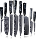 SENKEN 8-Piece Japanese Knife Set - Black Resin Handle, Laser Damascus Pattern - Onyx Collection - Chef's Knife, Cleaver, Santoku, Bread & Paring Knives