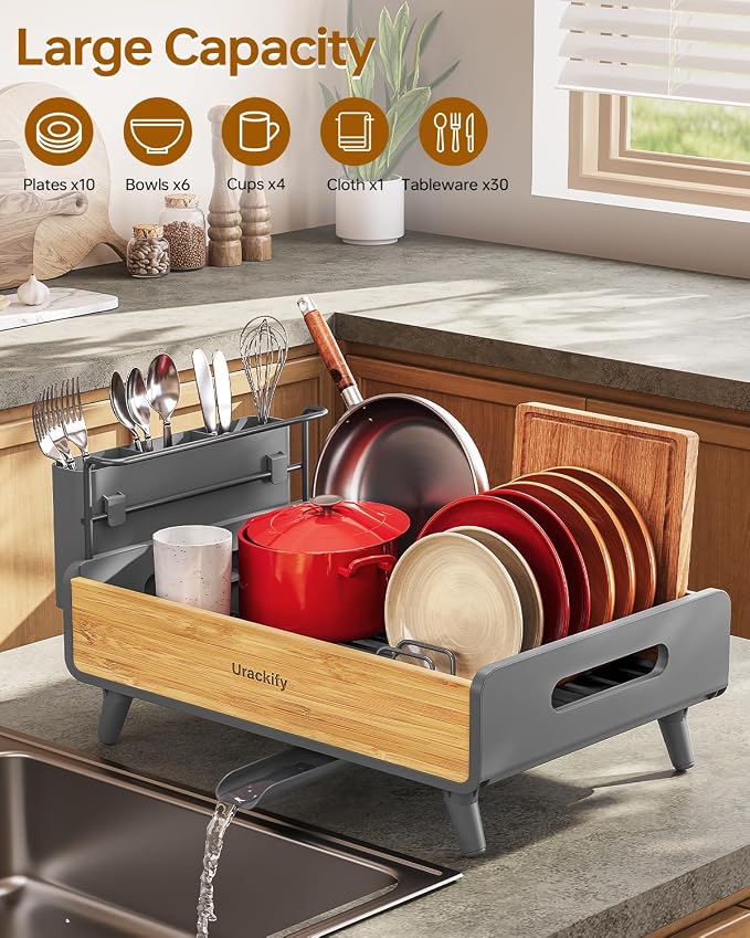 Urackify Dish Drying Rack for Kitchen Counter - Stainless Steel & Bamboo Dish Rack with Large Removable Utensil Holder, Dish Drainer with Adjustable Automatic Spout, Grey