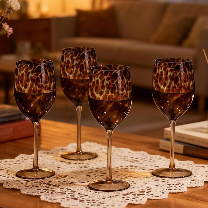 Honeydak Set of 6 Tortoise Leopard Print Brown 15oz Rocks Glasses Stylish Stemless Cocktail Cups Glass Glassware Tumbler Ideal for Gin, Tequila, Vodka, Soft Drinks