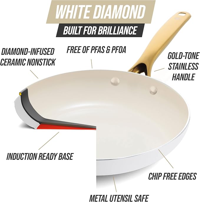 Blue Diamond 12 Piece Nonstick Cookware Set, Diamond Ceramic Pots & Pans, Dishwasher & Metal Utensil Safe, Non Toxic PFAS-Free, Kitchen Cooking Sauce & Saute Pans, Oven & Broiler to 600F, White
