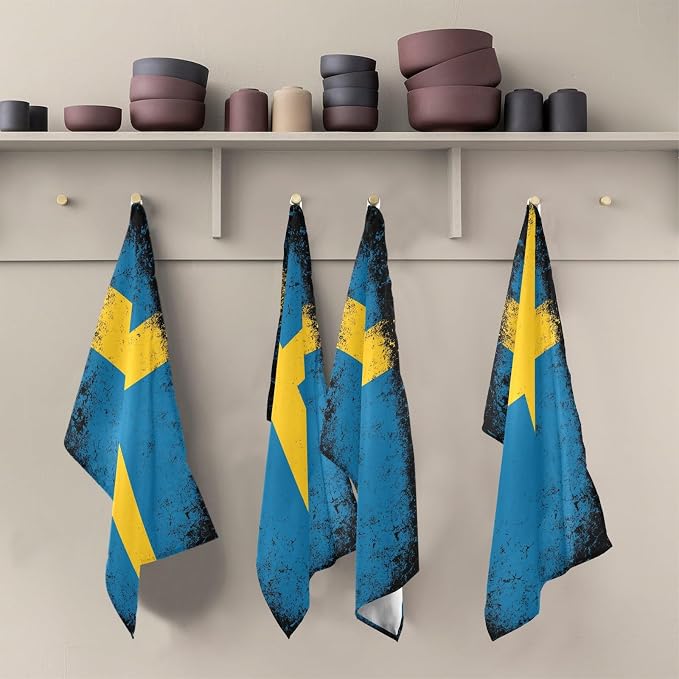 Swedish Flag Vintage Kitchen Towels Set with Hanging Loop, Kitchen Hand Towels, Tea Towels, Premium Dish Towels for Kitchen, Quick Drying Kitchen Towel Set 18”x 28”