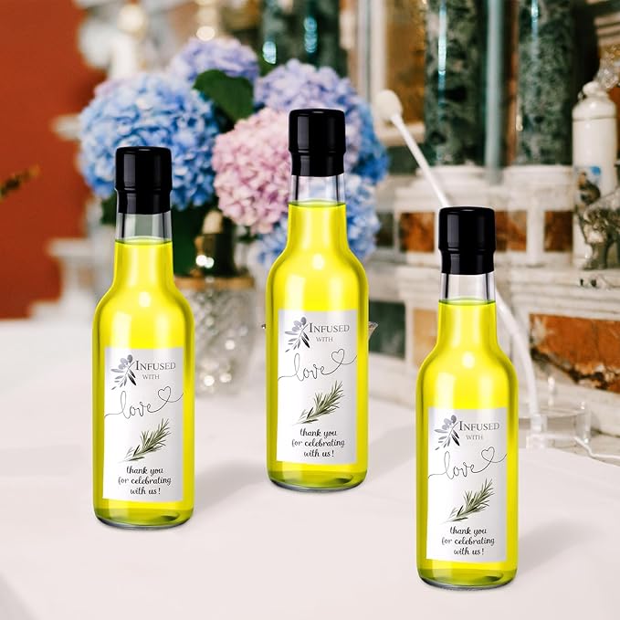 Reallnaive 30 Sets 5 oz Mini Olive Oil Glass Bottles for Homemade with Lids Heat Shrink Cap Stickers and Funnels Clear Mini Olive Oil Woozy Bottle Hot Sauce Glass for Wedding Favors Guest Babyshower