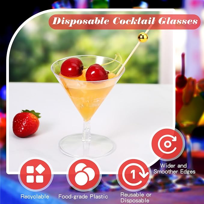 Irenare 100 Pcs 2 oz Plastic Martini Glasses and Cocktail Picks Set Disposable Clear Cocktail Dessert Glasses Unbreakable Mini Cups for Wedding Party Wine Appetizers Food