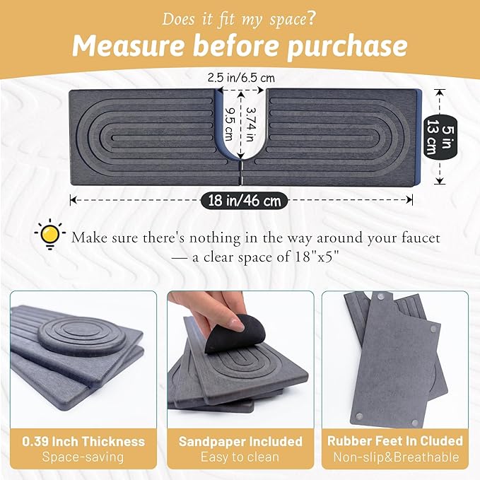 18 Inch Faucet Mat for Kitchen Island Sink, Wider Instant Dry Sink Protector for Countertop, Stone Sink Caddy Diatomaceous Earth Stone Drying Tray Around Faucet for Kitchen Bathroom RVs, Dark Grey