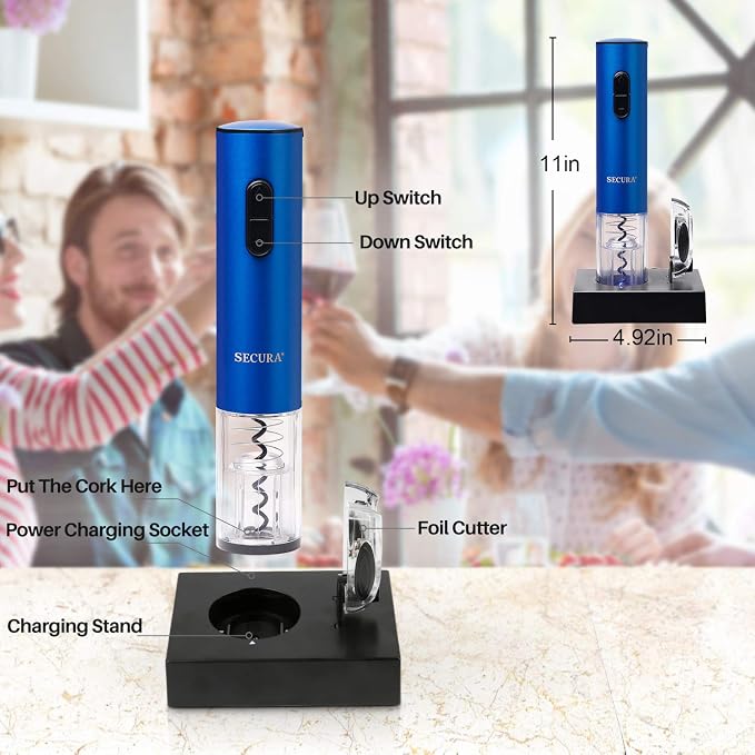 Secura Electric Wine Opener, Automatic Electric Wine Bottle Corkscrew Opener with Foil Cutter, Rechargeable (Blue)