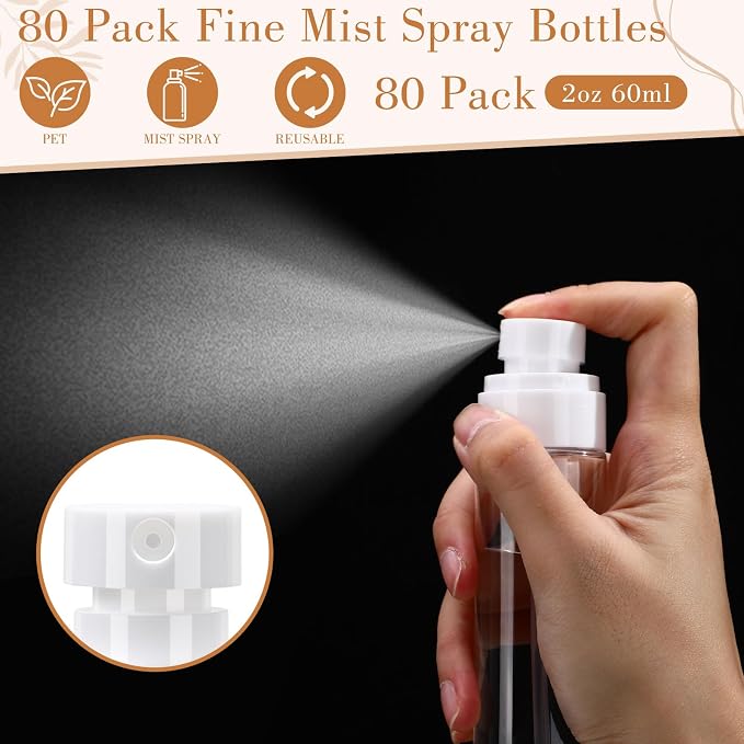 80 Pack Fine Mist Spray Bottle Bulk, 2oz Small Clear Plastic Leak Proof Fine Mist Mini Spray Bottles Refillable Empty Travel Mister Sprayer Bottle for Hair, Cleaning, Essential Oils(Clear)