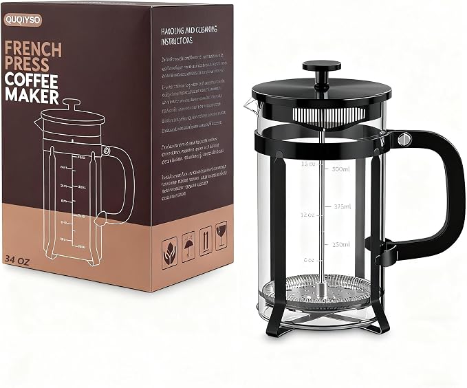 QUQIYSO French Press Coffee Maker 304 Stainless Steel French Press with 4 Filter, Heat Resistant Durable, Easy to Clean, Borosilicate Glass Coffee Press, 100% BPA Free Glass Teapot,34 ounce, Black