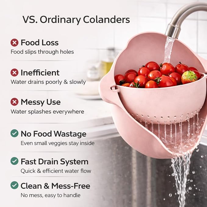 Modern Creative Double Layer Vegetable & Fruit Washing Basket – Durable Plastic Strainer in Pink–Multipurpose Kitchen Colander for Washing, Draining & Serving – Space-Saving Lightweight