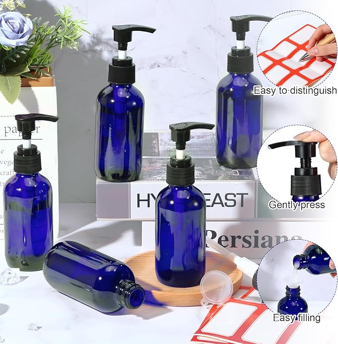 Tanlade Glass Pump Bottle Dispenser 4 oz Travel Bottles with Pump Refillable Glass Containers for Toiletries Lotion Liquid Soap Shampoo Essential Oils Cosmetic Travel Accessories (Blue,24 Pcs)