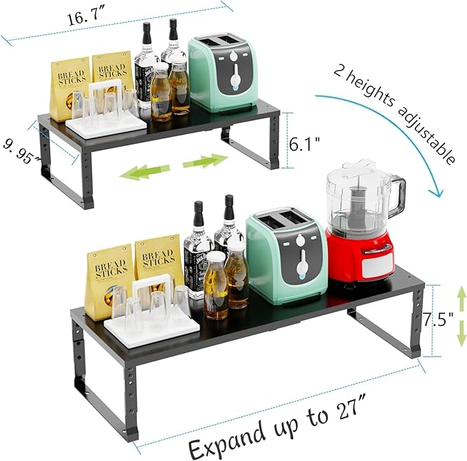 Jojocross Expandable Cabinet Shelf Organizer Storage Spice Rack Shelves for Kitchen Stackable Adjustable Pantry Cupboard Bathroom Countertop Desktop(1Pack/Black/Large)