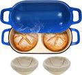Mini Double Dutch Oven for Sourdough Bread Baking – Enameled Cast Iron Bread Pan with Lid, 500°F Oven Safe Non-Stick, Dual Round Loaf Space (6inch Diameter), Bake Two Different Loaves at Once, Includes 2×5" Banneton Proofing Baskets(blue)