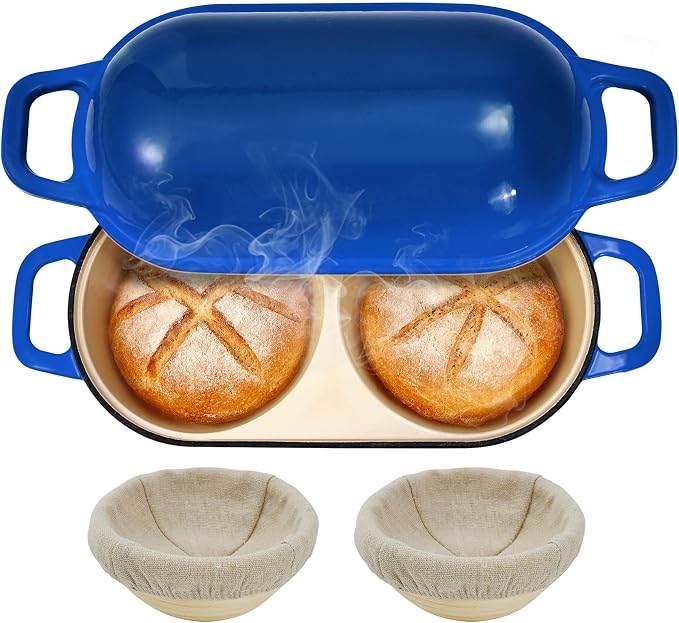 Mini Double Dutch Oven for Sourdough Bread Baking – Enameled Cast Iron Bread Pan with Lid, 500°F Oven Safe Non-Stick, Dual Round Loaf Space (6inch Diameter), Bake Two Different Loaves at Once, Includes 2×5" Banneton Proofing Baskets(blue)