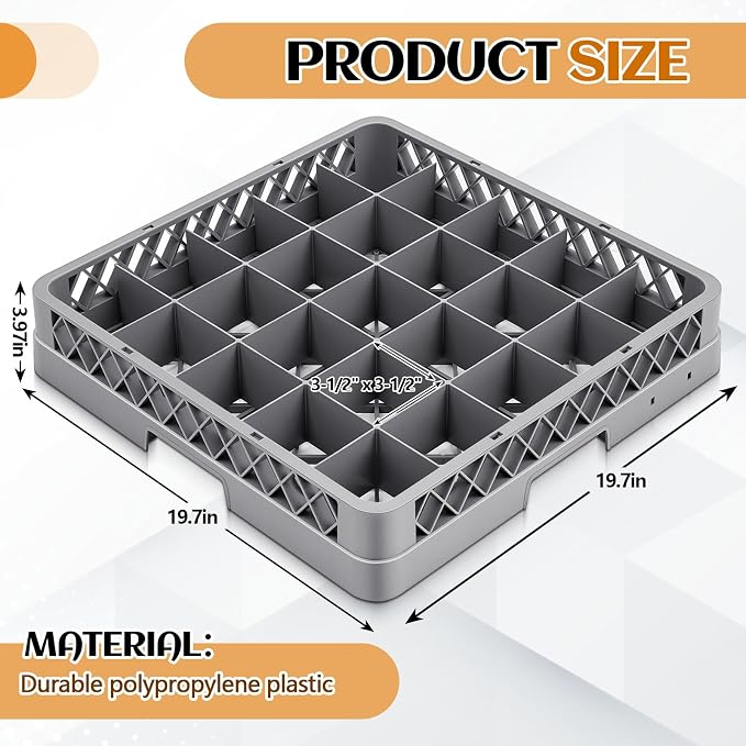 Aurelema Commercial Dishwasher Tray Rack, Commercial Dish Drying Rack, Polypropylene Full Size Flatware Tray for Hotel Canteen Kitchen Restaurant Tableware Plate and Bowl(25 Grid,Gray,1 Pack)