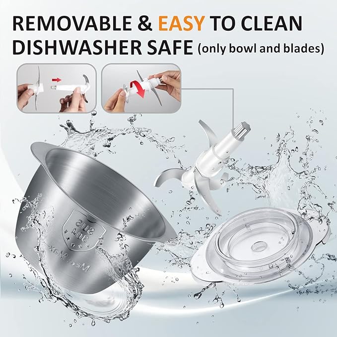 Food Processor Cordless Vegetable Chopper with 5 Cup Stainless Steel Bowl＆6000mAh USB Rechargeable Battery, Electric Garlic Meat Choppers BPA-free Baby Food Processors Blender Mincert(White)