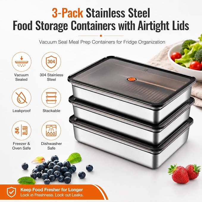 3-Pack Stainless Steel Food Storage Containers with Airtight Lids - Vacuum Seal Meal Prep Containers for Fridge Organization - Leakproof & Stackable Food Storage Set for Kitchen Freezer & Oven Safe