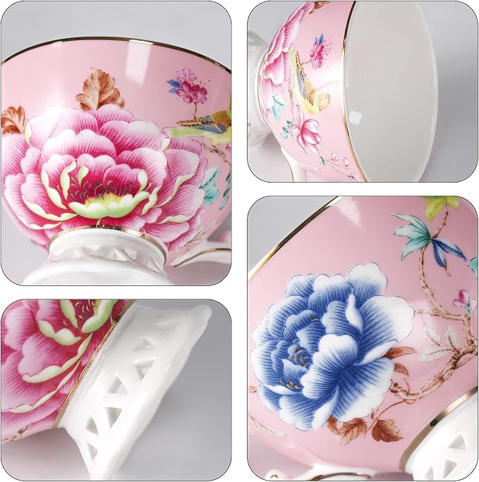 KAMMAK Tea Cups and Saucers Set of 2, Fine Bone China Coffee Cups, Stackable Espresso Mugs, Ceramic Demitasse for Coffee, Cappuccino, Latte, Americano, Tea, Blooming Flowers (Blue + Pink)