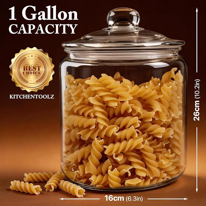 Masthome 1 Gallon Glass Cookie Jar with Airtight Lid, Large Clear Glass Storage Canister, Wide Mouth Food Storage Container for Pantry, Kitchen, Flour, Sugar, Pasta, Cookies, Candy, Dog Treats