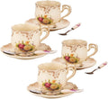 Tea Cups and Saucers Set of 4, 8 Oz Ivory Floral Porcelain Teacup and Saucer Set with Gold Trim, Vintage Tea Cups with Spoon, European Style (Colorful Floral)