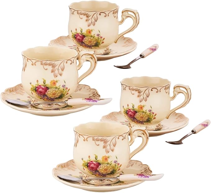 Tea Cups and Saucers Set of 4, 8 Oz Ivory Floral Porcelain Teacup and Saucer Set with Gold Trim, Vintage Tea Cups with Spoon, European Style (Colorful Floral)
