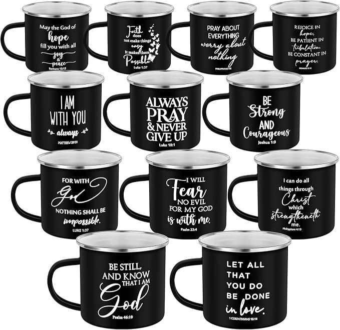 Mifoci Christian Enamel Mugs Gifts Inspirational Coffee Mugs with Handle Bible Verse Religious Camping Cups Church Party Favors for Church Clergy Pastor Men(Black,12 Pcs)