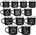 Mifoci Christian Enamel Mugs Gifts Inspirational Coffee Mugs with Handle Bible Verse Religious Camping Cups Church Party Favors for Church Clergy Pastor Men(Black,12 Pcs)