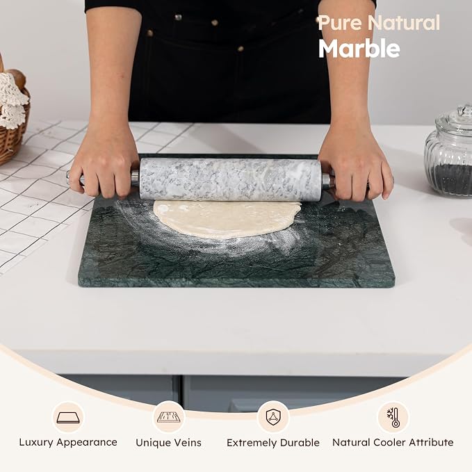 Diflart Marble Cutting Board for Kitchen, 16x16 Inch, Green, Non-Slip Feets | Natural Stone Slab Pastry Board for Baking, Cheese, Charcuterie, Dough, Chocolate, Pack of 1 Piece
