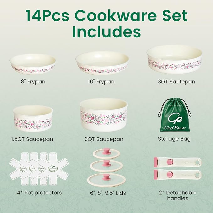 Chef Power Ceramic Cookware Set Non Toxic with Detachable Handles, Healthy Nonstick Decal Pans and Pots Set 14 Pcs, Induction Dishwasher Oven Safe Kitchen Set, White with Bougainvillea