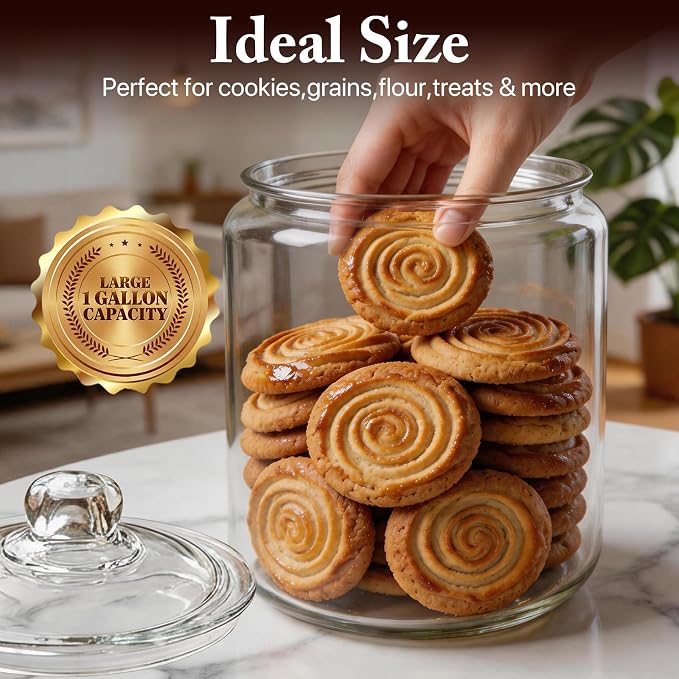 Masthome 1 Gallon Glass Cookie Jar with Airtight Lid, Large Clear Glass Storage Canister, Wide Mouth Food Storage Container for Pantry, Kitchen, Flour, Sugar, Pasta, Cookies, Candy, Dog Treats