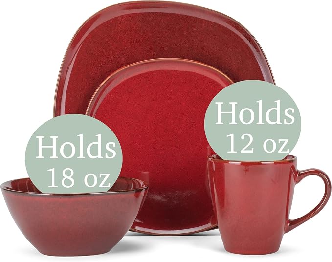 Elanze Designs 16-Piece Modern Luxury Chic Smooth Vintage Handmade Shape High Gloss Ceramic Stoneware Square Plate Mug & Bowl Kitchen Dinnerware 16 Piece Set - Service for 4, Deep Crimson Red