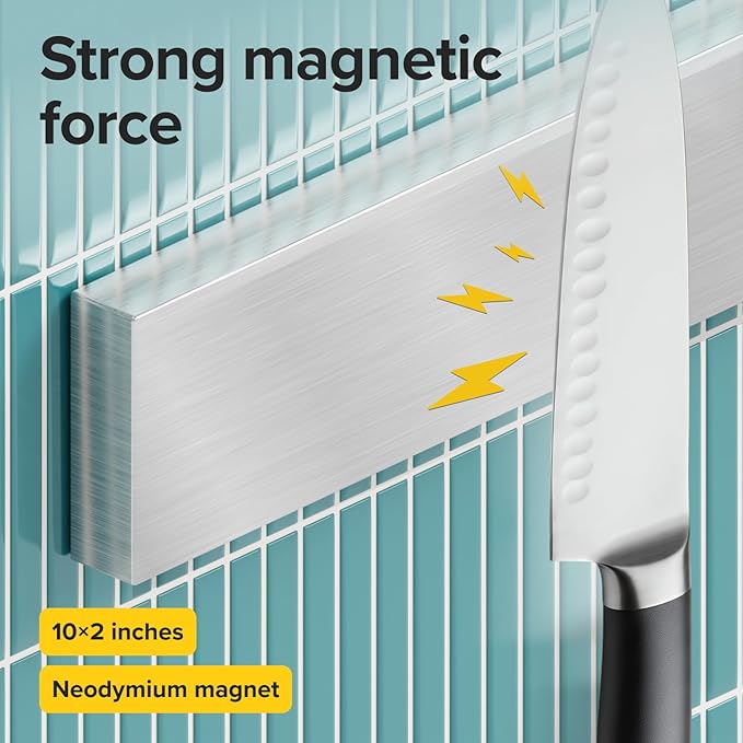 Knife Magnetic Strip 10" Steel – Magnetic Knife Holder for Wall no Screws – Kitchen Utensil Holder, Knife Bar, Knife Rack, Kitchen Organizer and Tool Holder
