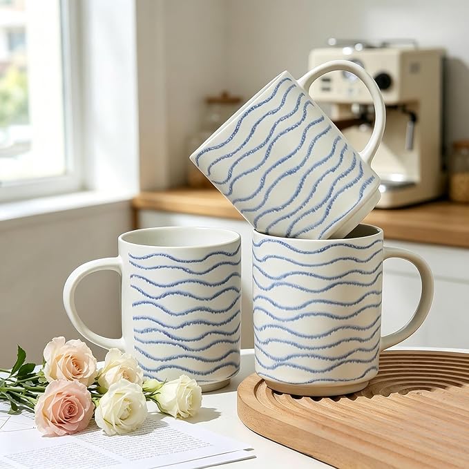 Coffee Mugs Set of 6, 17oz Ceramic Mugs with Handpainted Blue Gray Stripe Pattern, Modern Stackable Coffee Cups, Dishwasher and Microwave Safe Mugs for Home & Office (Wavy Pattern)