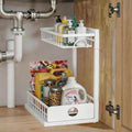 Under Sink Organizer, 2 Pack Ceetug Under Kitchen Cabinet Organizer, Height Adjustable Pull Out Mute Slide-Out 2 Tier Metal Under Sink Storage for Bathroom Pantry (1, White)