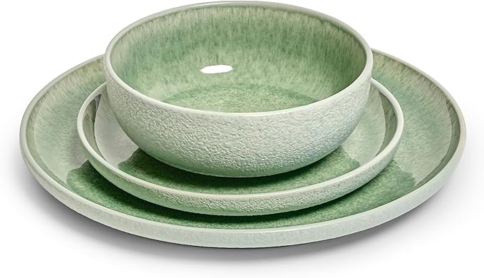 Sango Asher 12-Piece Stoneware Dinnerware Set for 4, Green Ceramic Plates and Bowls Sets, Modern Dish Set with Reactive Glaze, Durable Kitchen Dishes for Casual Dining, Microwave & Dishwasher Safe