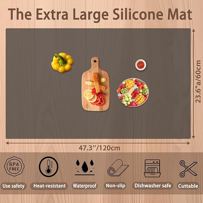 47.3''x23.6''(120cmx60cm) Extra Large Silicone Mat for Kitchen Counter, 1.5MM Thick Non-Slip Heat Resistant Countertop Protector, Waterproof Durable Kitchen Mat for Countertops, Translucent Brown