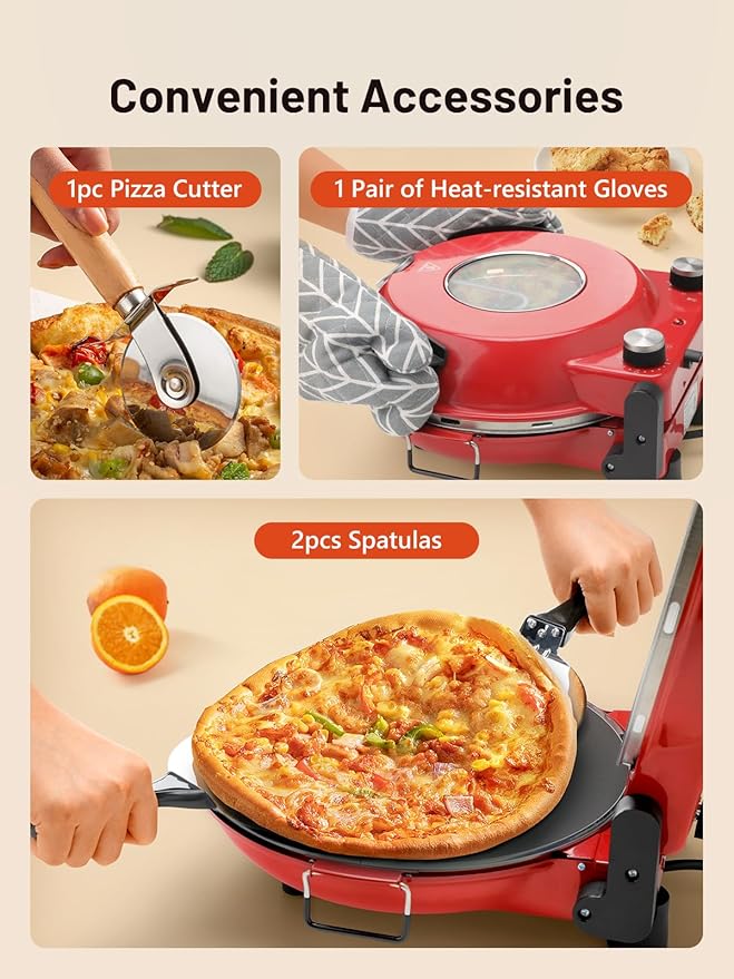 KEENSTAR Pizza Oven Indoor 12-Inch, Countertop Glazed Ceramic Stone Pizza maker with Adjustable Timer, 1200W Heat up to 800°F, Electric Pizza Cooker with Viewing Window Baked Pizzeria Style at Home